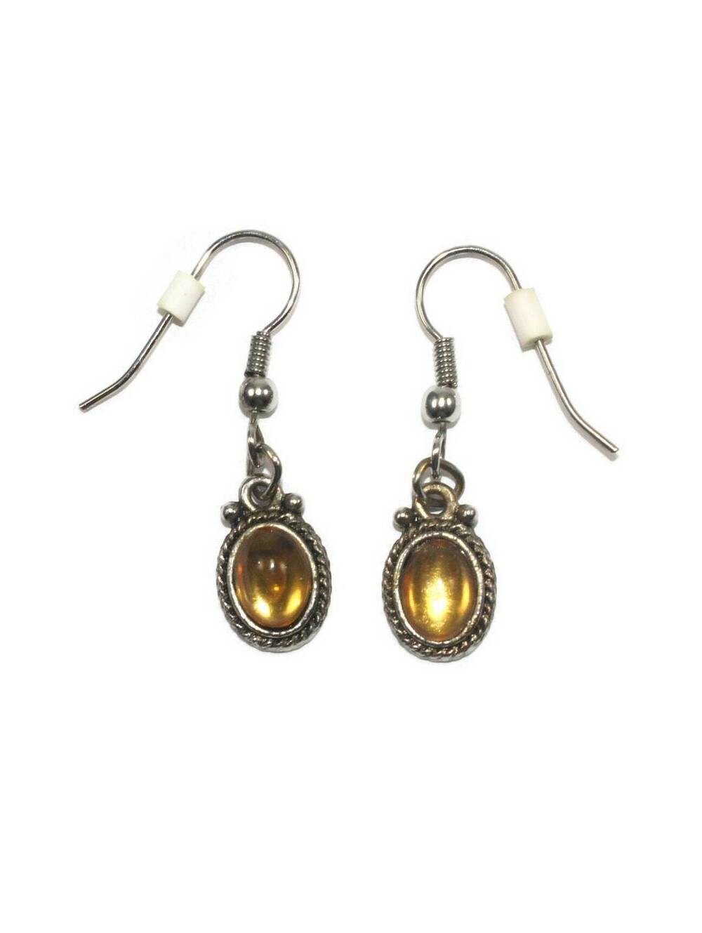 Vintage Silver Tone and Oval Amber Plastic Cabochons Dangle Earrings.
